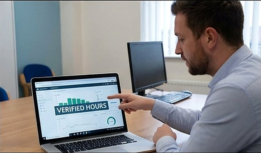 A finance lead reviewing a verified hours dashboard on a laptop